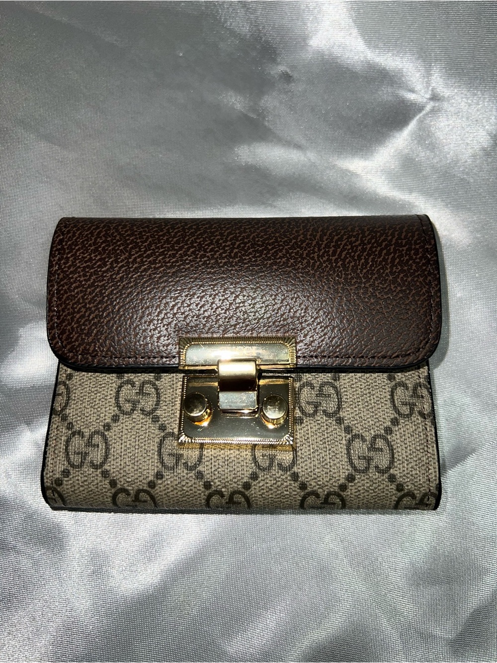 Inspired Beige GG Canvas Wallet with Brown Leather Flap and Gold Hardware